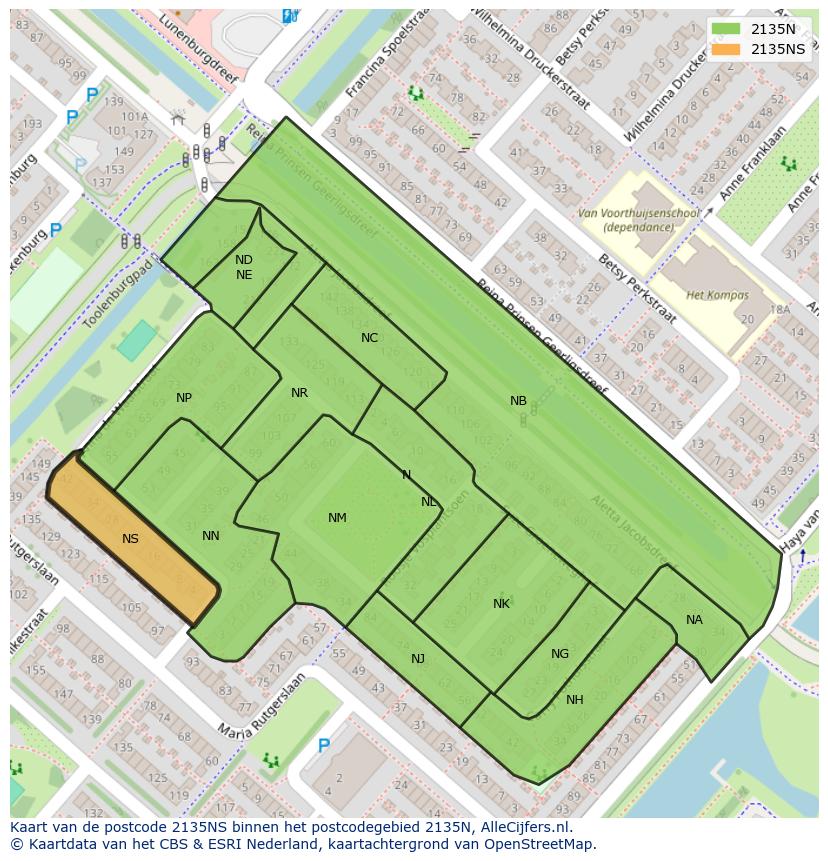 Afbeelding van het postcodegebied 2135 NS op de kaart.