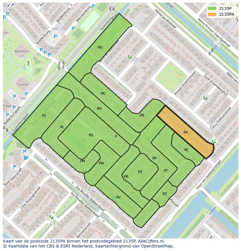 Afbeelding van het postcodegebied 2135 PA op de kaart.