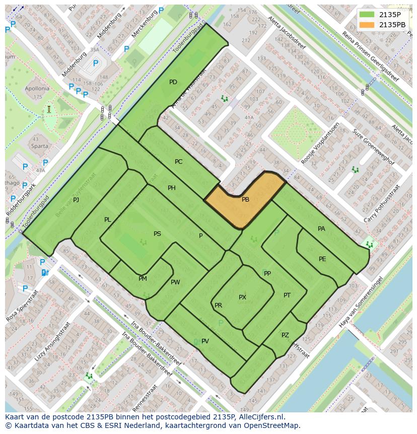 Afbeelding van het postcodegebied 2135 PB op de kaart.
