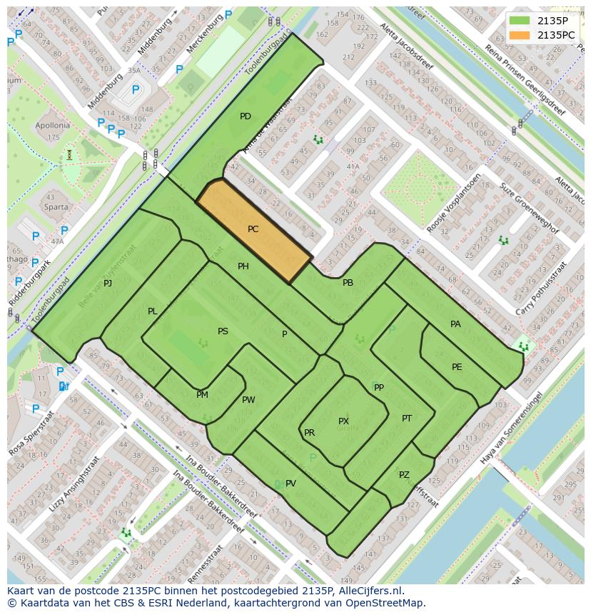 Afbeelding van het postcodegebied 2135 PC op de kaart.