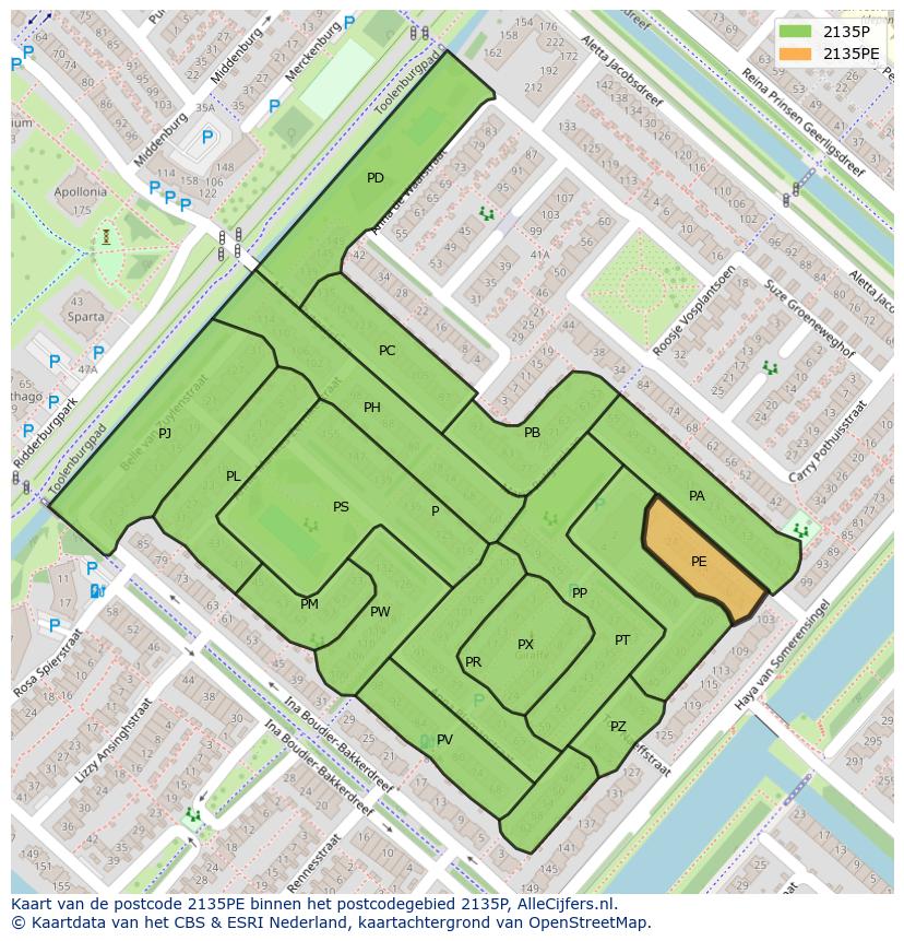 Afbeelding van het postcodegebied 2135 PE op de kaart.