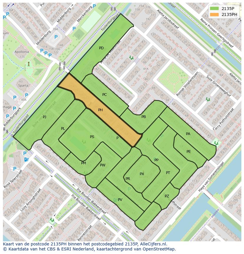 Afbeelding van het postcodegebied 2135 PH op de kaart.