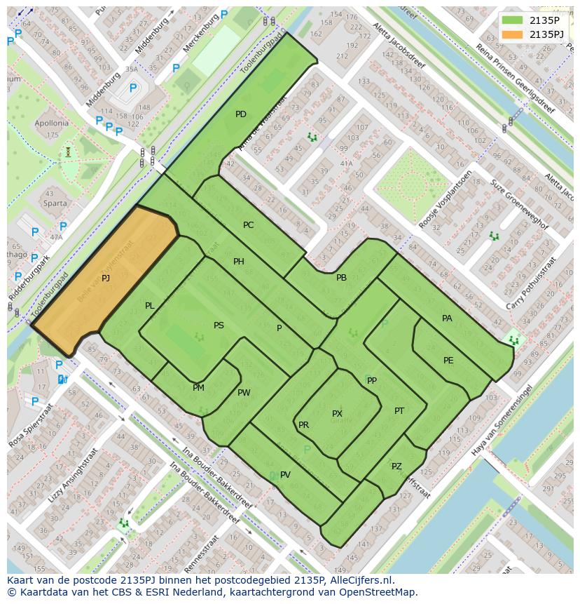 Afbeelding van het postcodegebied 2135 PJ op de kaart.