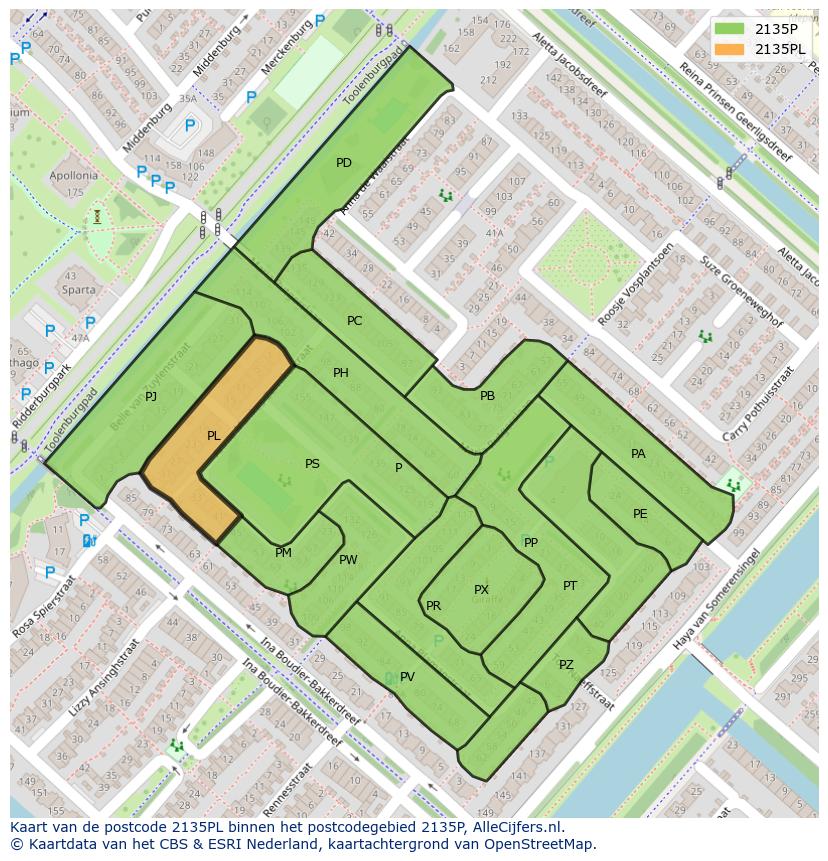 Afbeelding van het postcodegebied 2135 PL op de kaart.