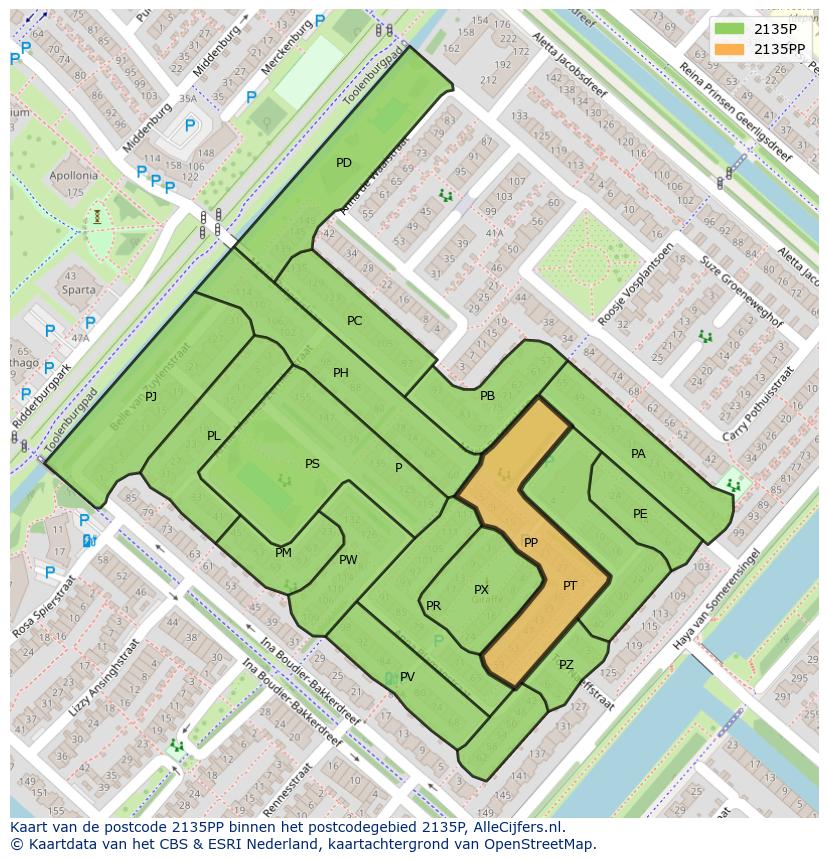 Afbeelding van het postcodegebied 2135 PP op de kaart.