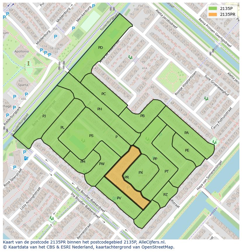 Afbeelding van het postcodegebied 2135 PR op de kaart.