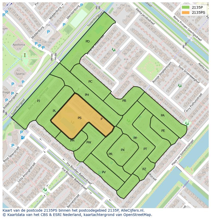 Afbeelding van het postcodegebied 2135 PS op de kaart.