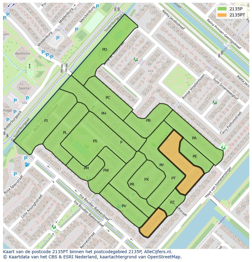 Afbeelding van het postcodegebied 2135 PT op de kaart.