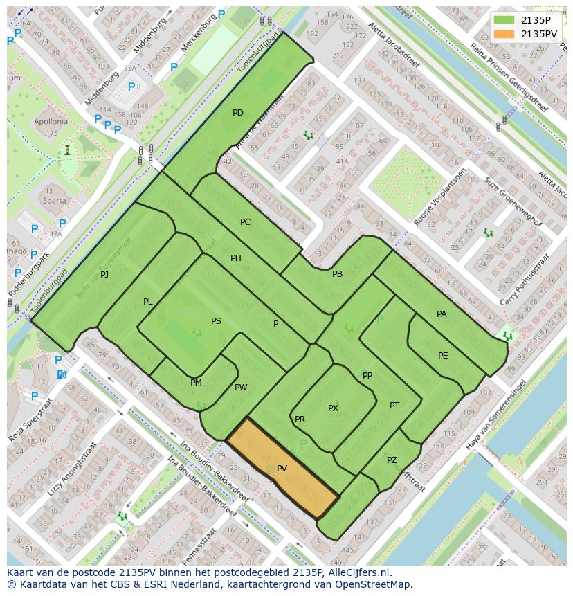 Afbeelding van het postcodegebied 2135 PV op de kaart.