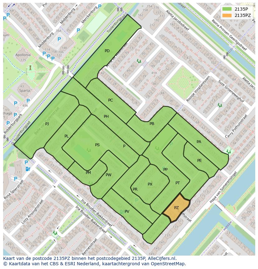 Afbeelding van het postcodegebied 2135 PZ op de kaart.