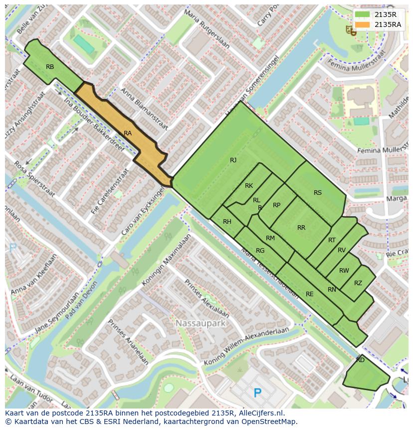 Afbeelding van het postcodegebied 2135 RA op de kaart.