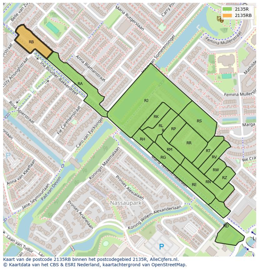Afbeelding van het postcodegebied 2135 RB op de kaart.
