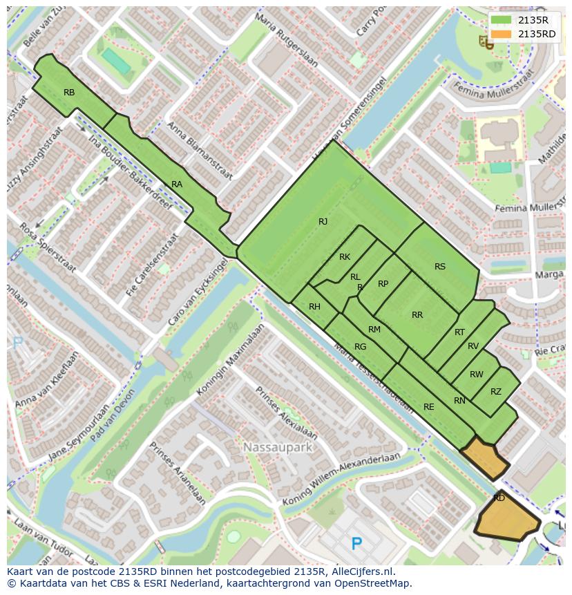 Afbeelding van het postcodegebied 2135 RD op de kaart.