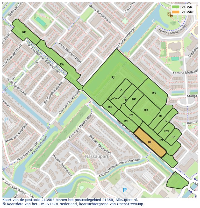Afbeelding van het postcodegebied 2135 RE op de kaart.