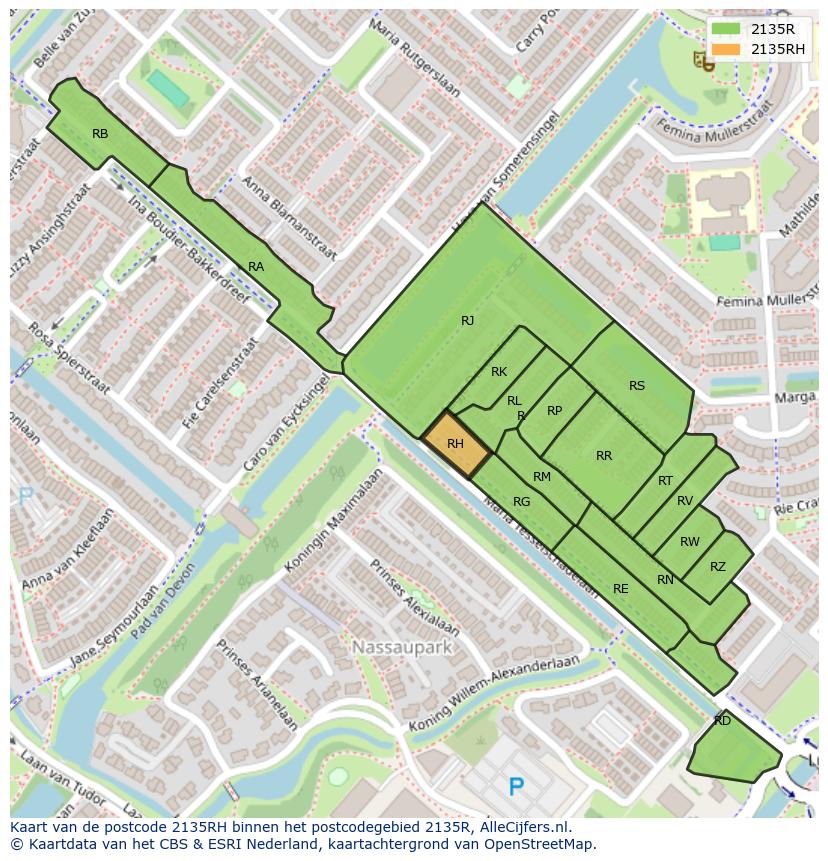 Afbeelding van het postcodegebied 2135 RH op de kaart.