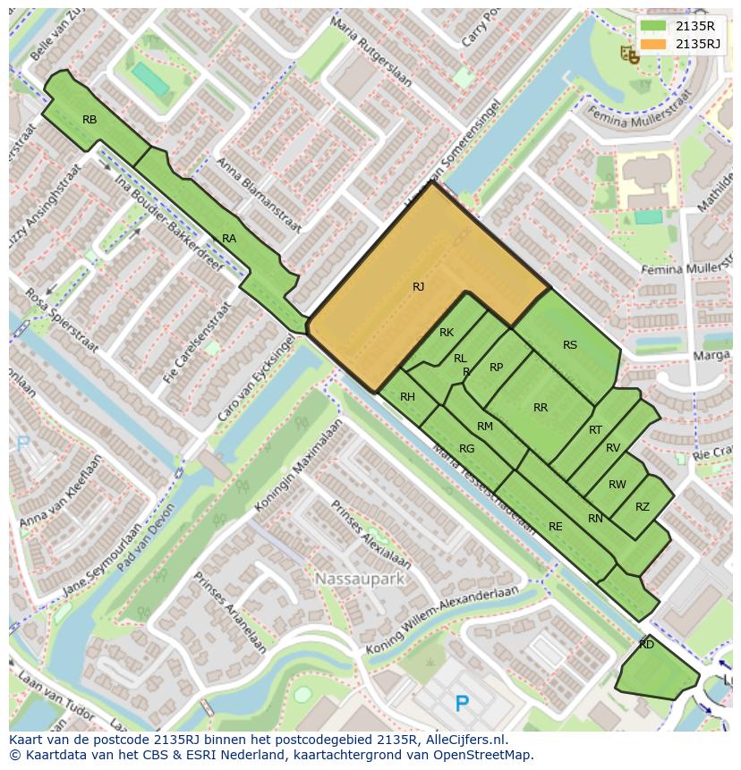 Afbeelding van het postcodegebied 2135 RJ op de kaart.