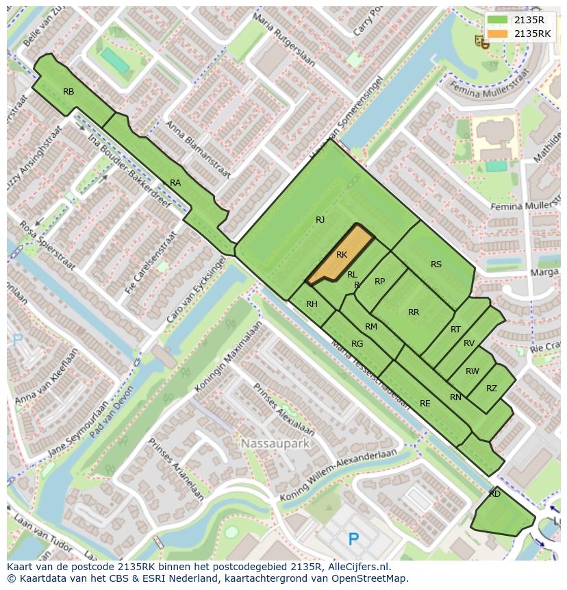 Afbeelding van het postcodegebied 2135 RK op de kaart.