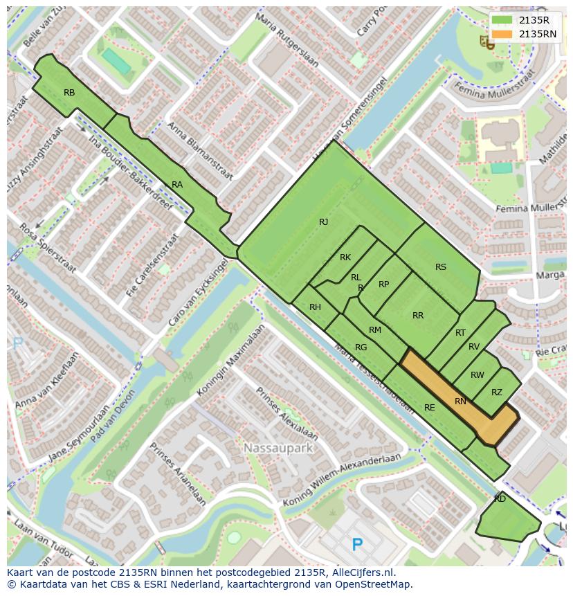 Afbeelding van het postcodegebied 2135 RN op de kaart.