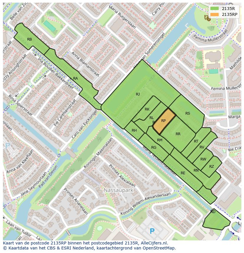Afbeelding van het postcodegebied 2135 RP op de kaart.