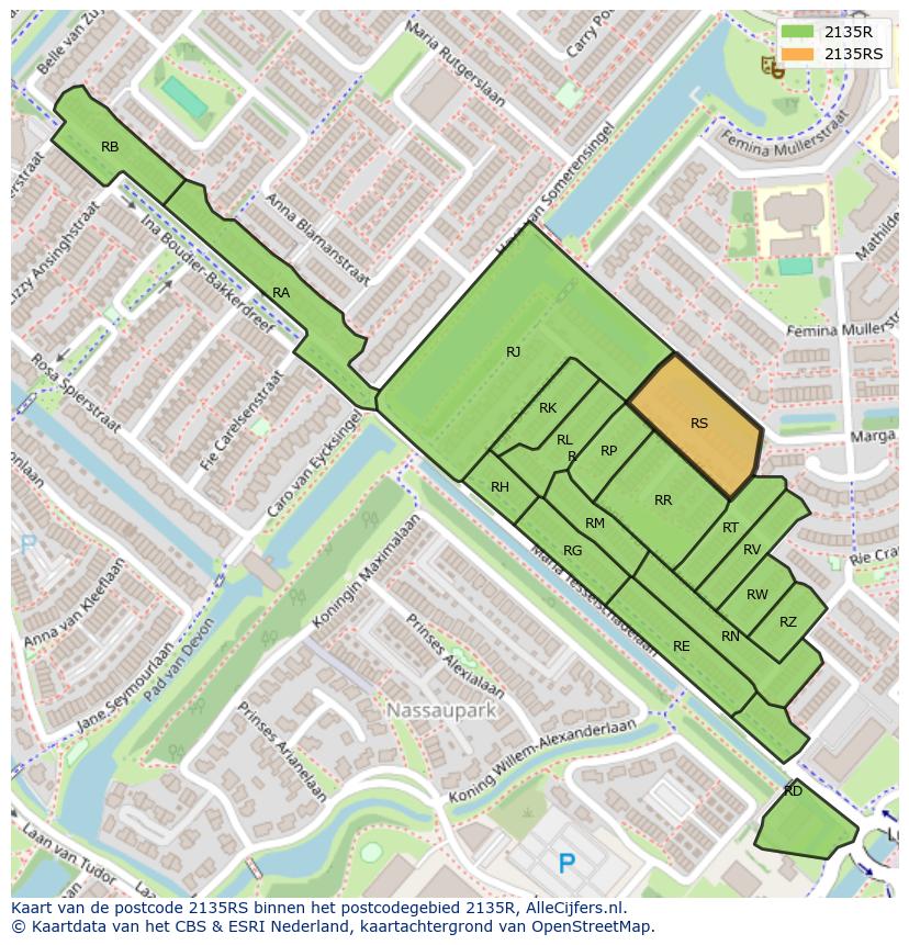 Afbeelding van het postcodegebied 2135 RS op de kaart.