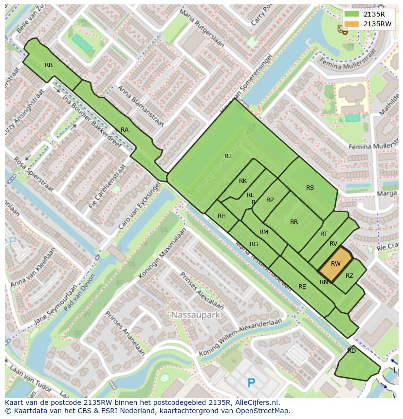 Afbeelding van het postcodegebied 2135 RW op de kaart.