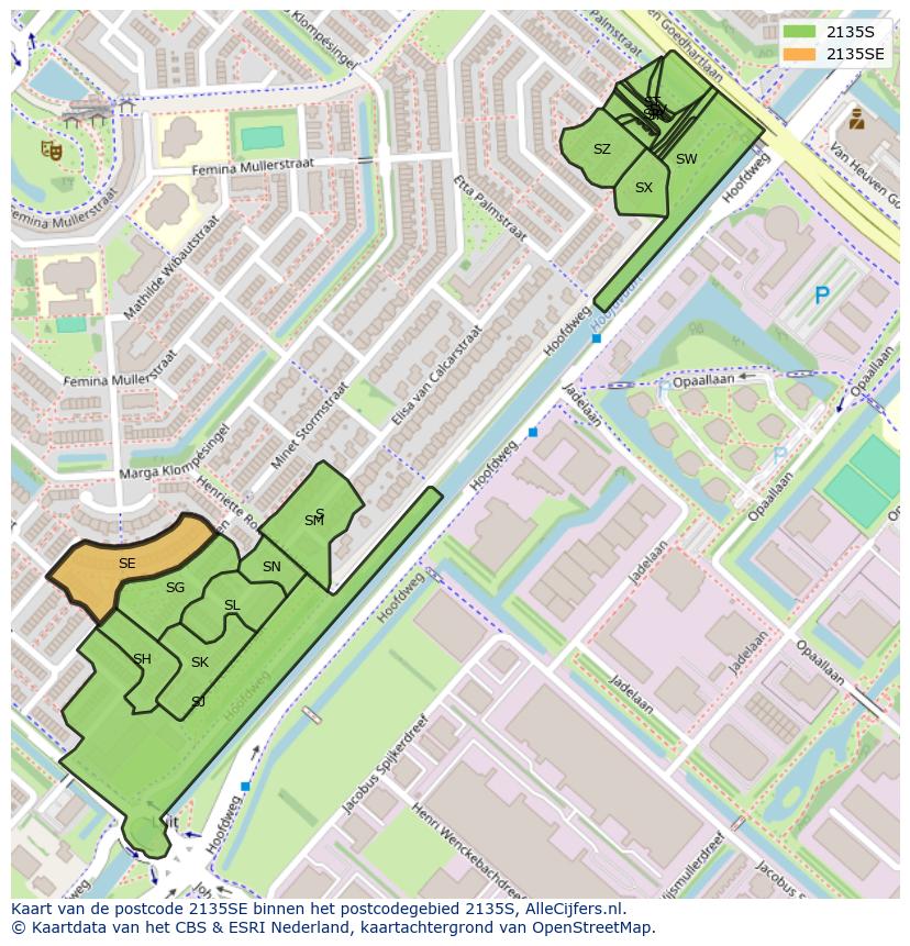 Afbeelding van het postcodegebied 2135 SE op de kaart.