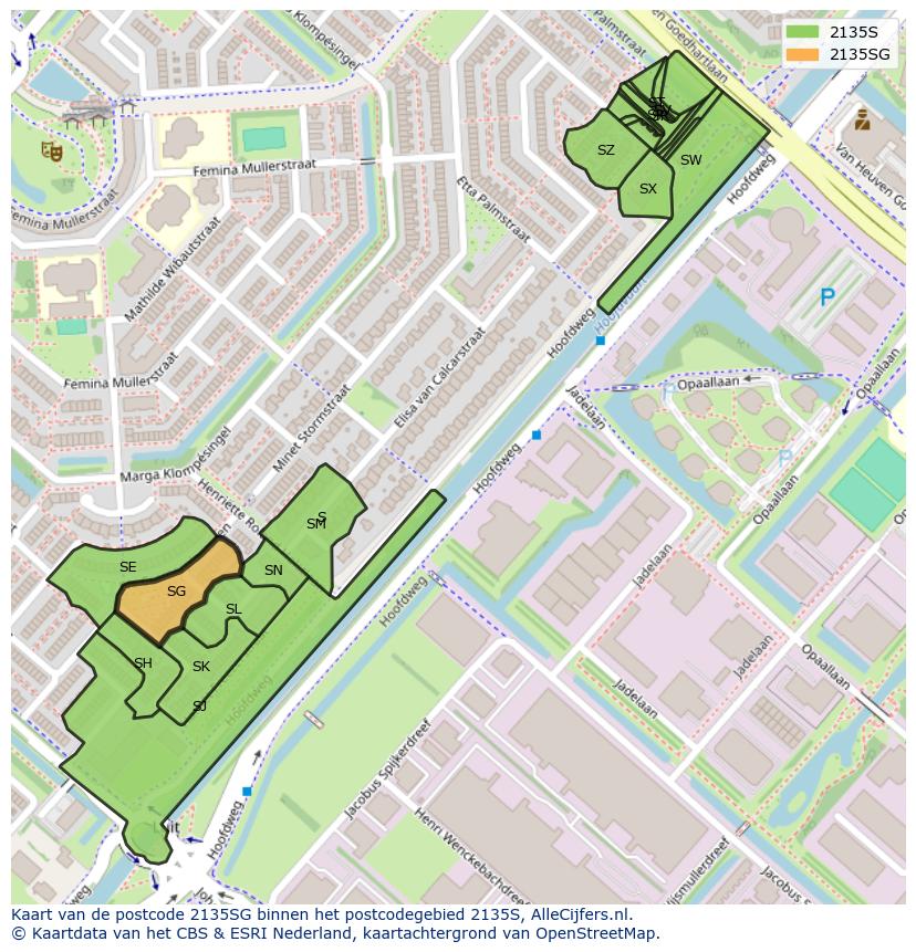 Afbeelding van het postcodegebied 2135 SG op de kaart.