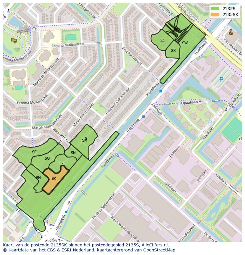 Afbeelding van het postcodegebied 2135 SK op de kaart.
