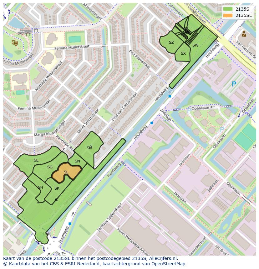 Afbeelding van het postcodegebied 2135 SL op de kaart.