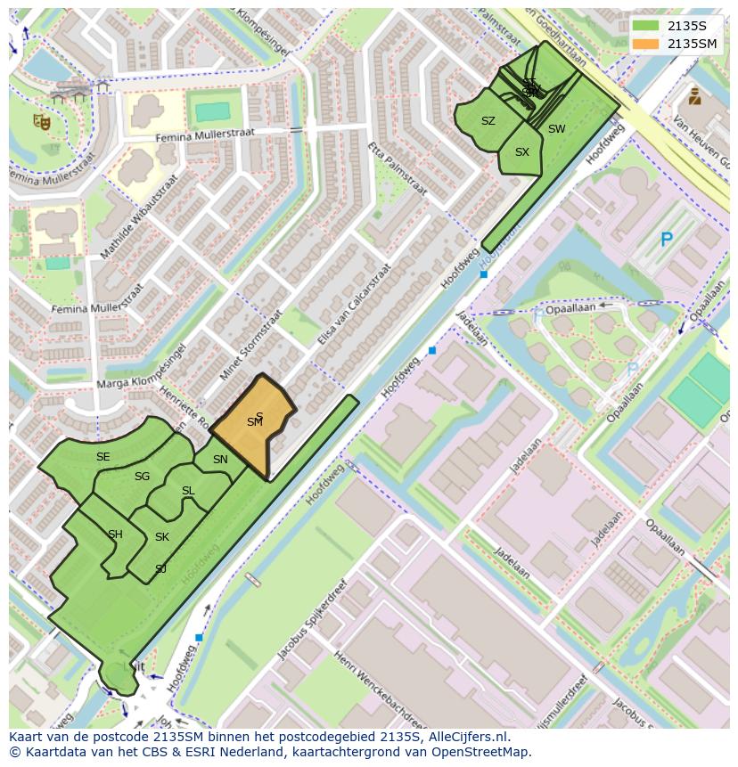 Afbeelding van het postcodegebied 2135 SM op de kaart.