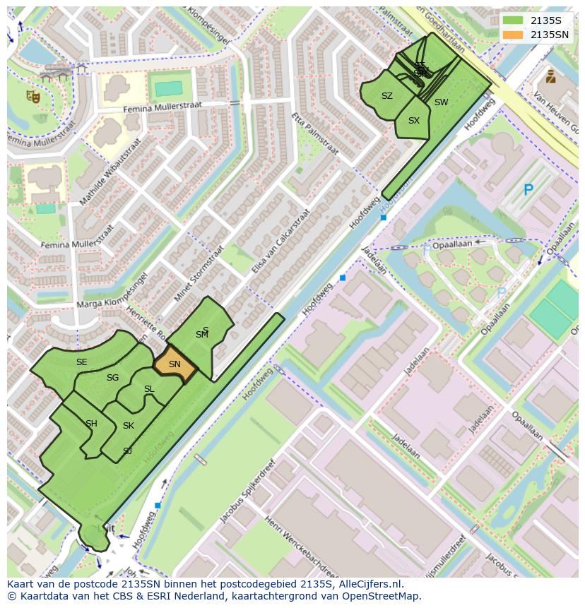 Afbeelding van het postcodegebied 2135 SN op de kaart.