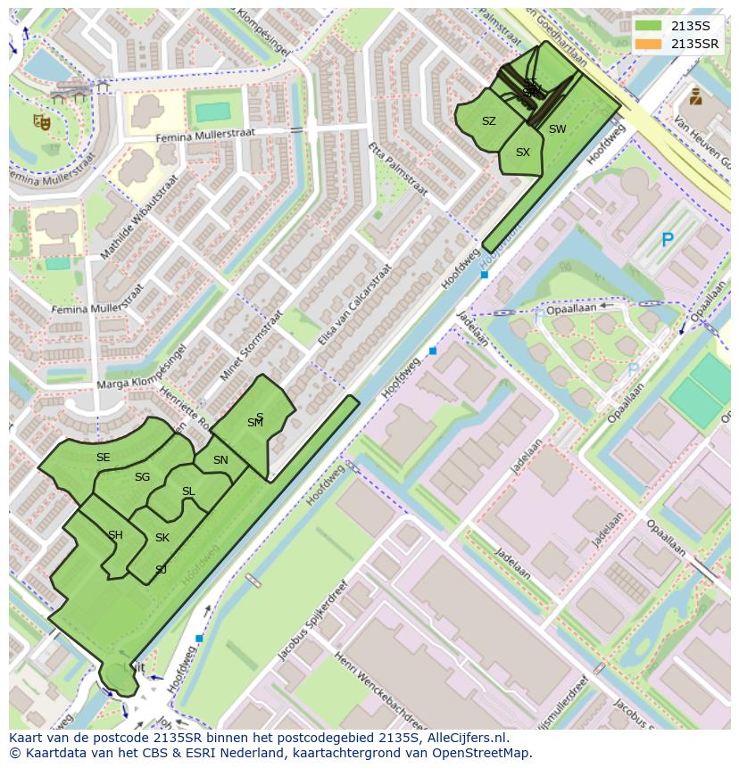 Afbeelding van het postcodegebied 2135 SR op de kaart.