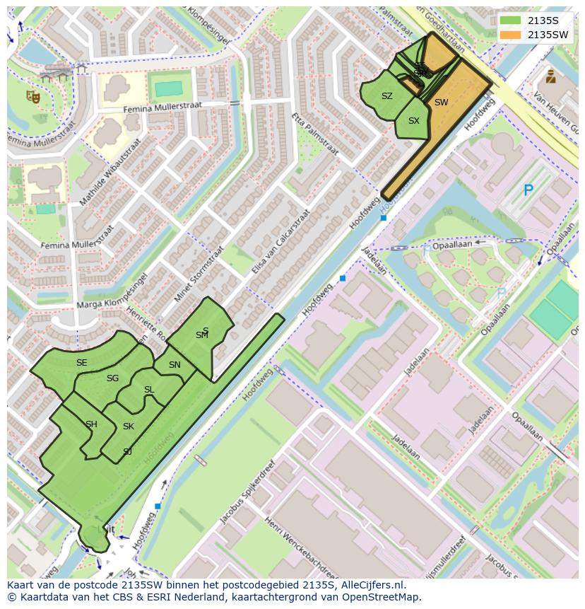 Afbeelding van het postcodegebied 2135 SW op de kaart.