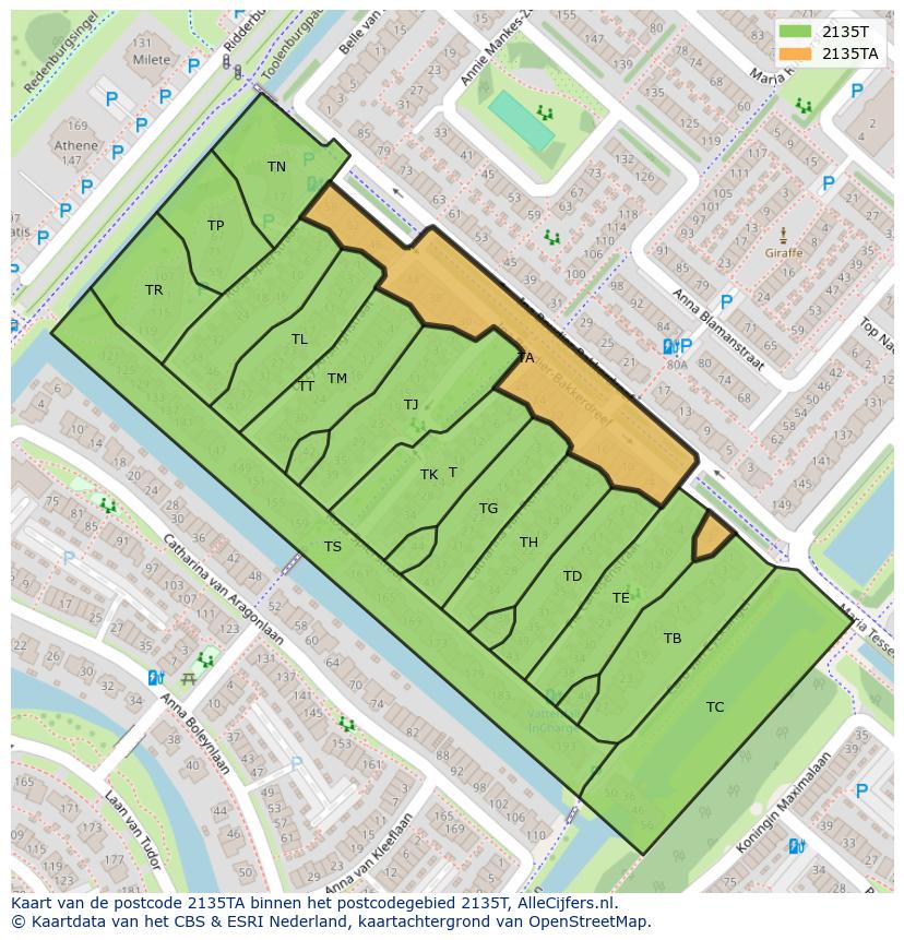 Afbeelding van het postcodegebied 2135 TA op de kaart.