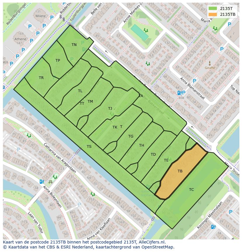 Afbeelding van het postcodegebied 2135 TB op de kaart.
