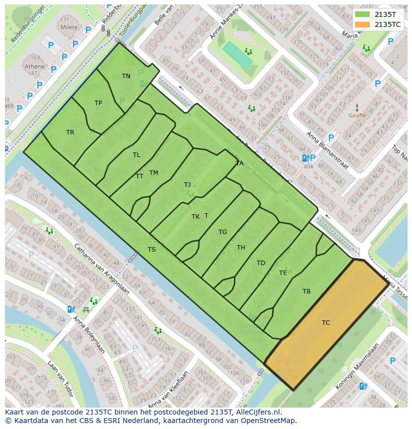 Afbeelding van het postcodegebied 2135 TC op de kaart.