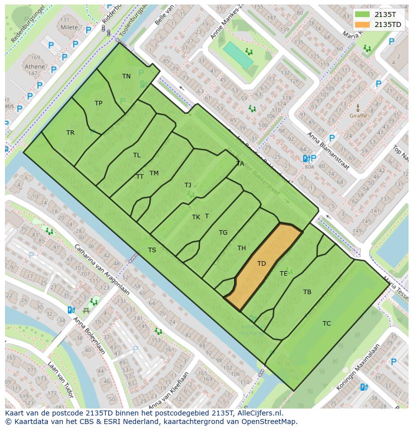 Afbeelding van het postcodegebied 2135 TD op de kaart.
