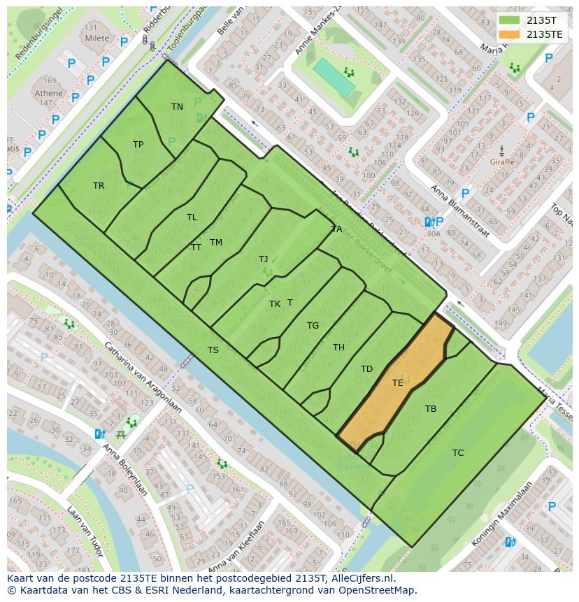 Afbeelding van het postcodegebied 2135 TE op de kaart.