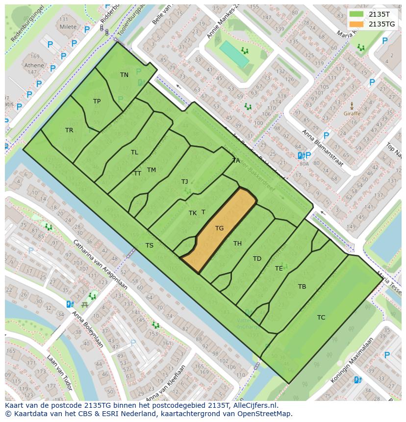 Afbeelding van het postcodegebied 2135 TG op de kaart.