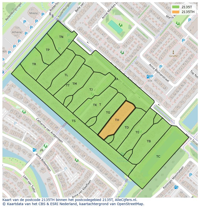 Afbeelding van het postcodegebied 2135 TH op de kaart.