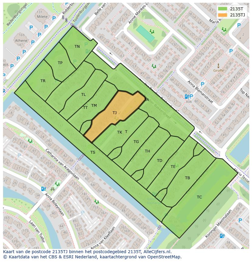 Afbeelding van het postcodegebied 2135 TJ op de kaart.