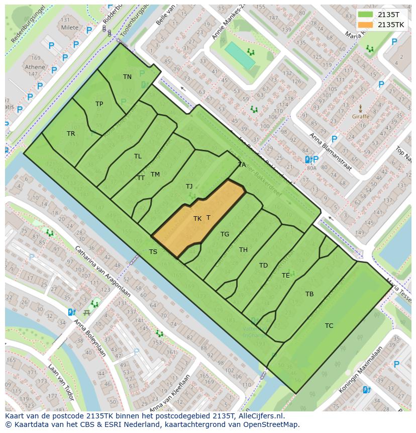 Afbeelding van het postcodegebied 2135 TK op de kaart.