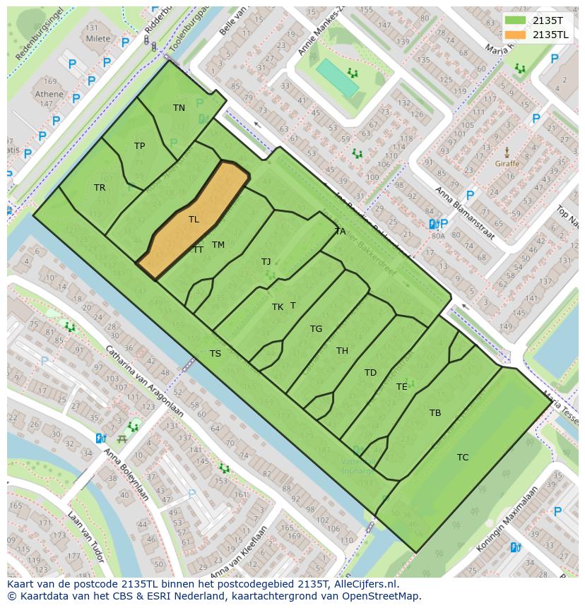 Afbeelding van het postcodegebied 2135 TL op de kaart.