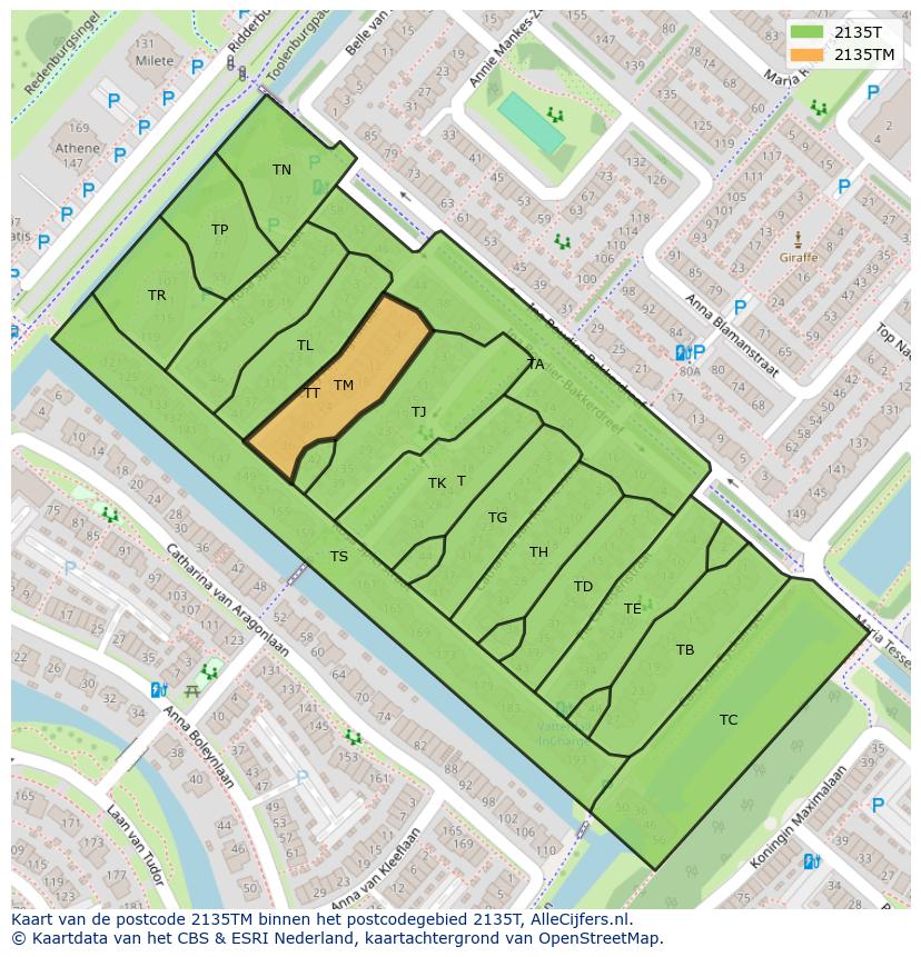 Afbeelding van het postcodegebied 2135 TM op de kaart.