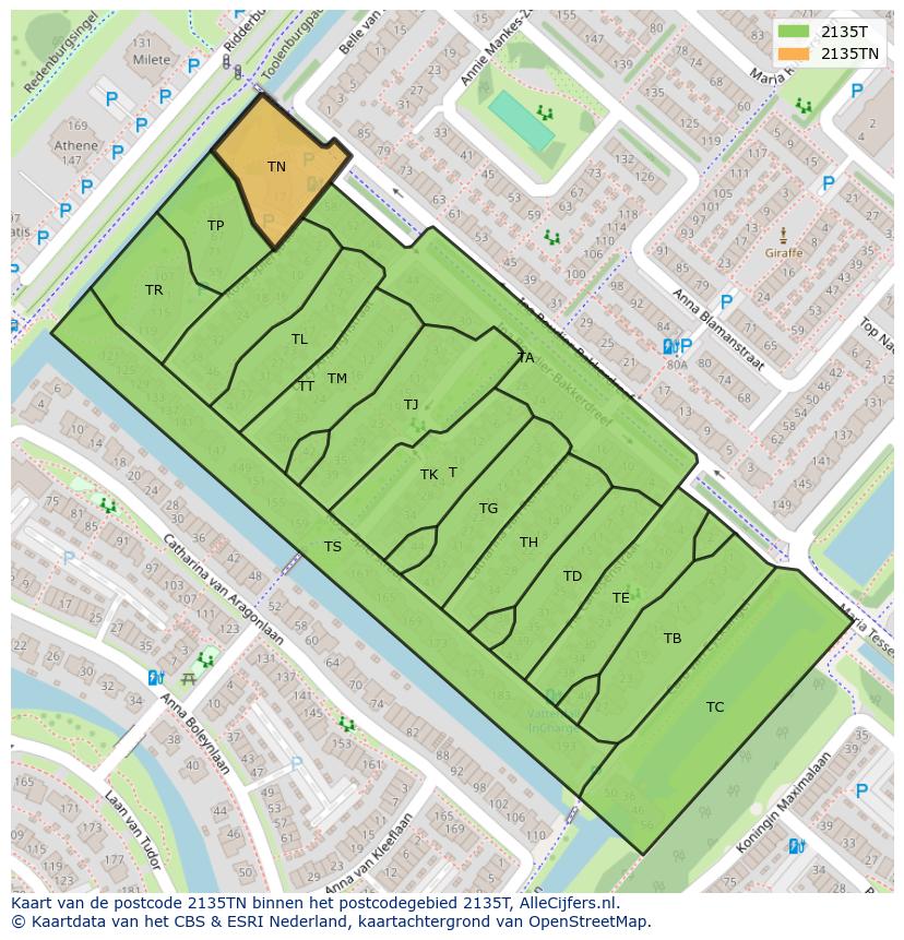 Afbeelding van het postcodegebied 2135 TN op de kaart.