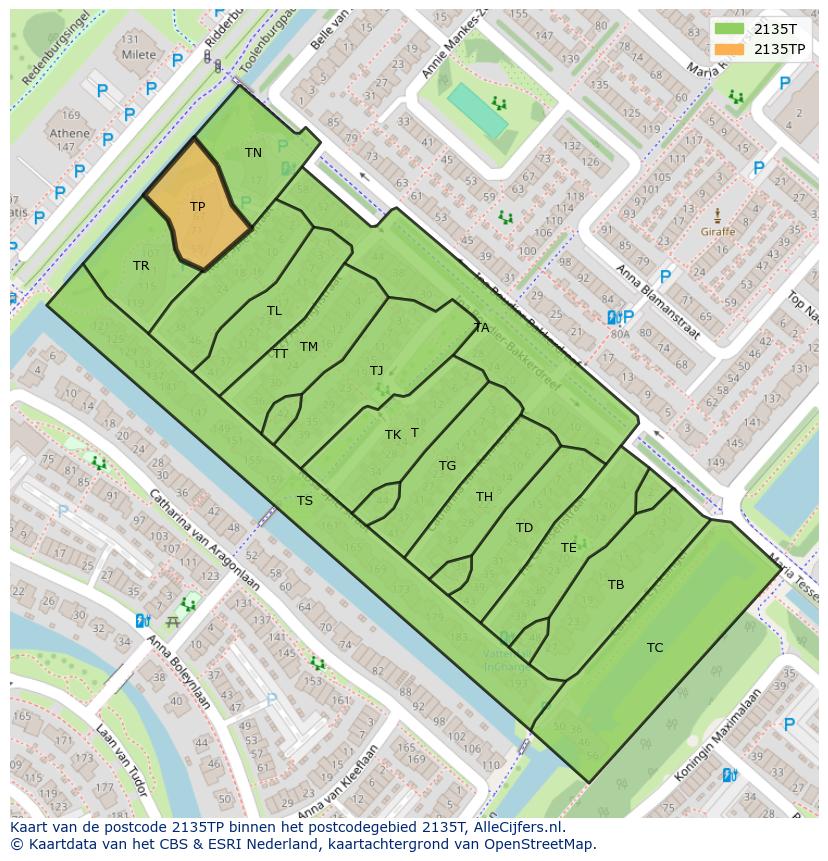 Afbeelding van het postcodegebied 2135 TP op de kaart.
