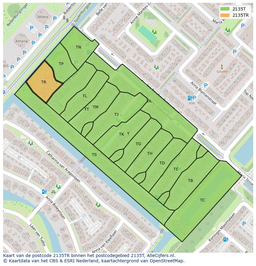 Afbeelding van het postcodegebied 2135 TR op de kaart.