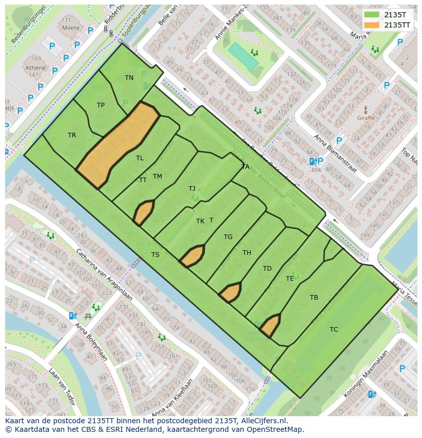 Afbeelding van het postcodegebied 2135 TT op de kaart.