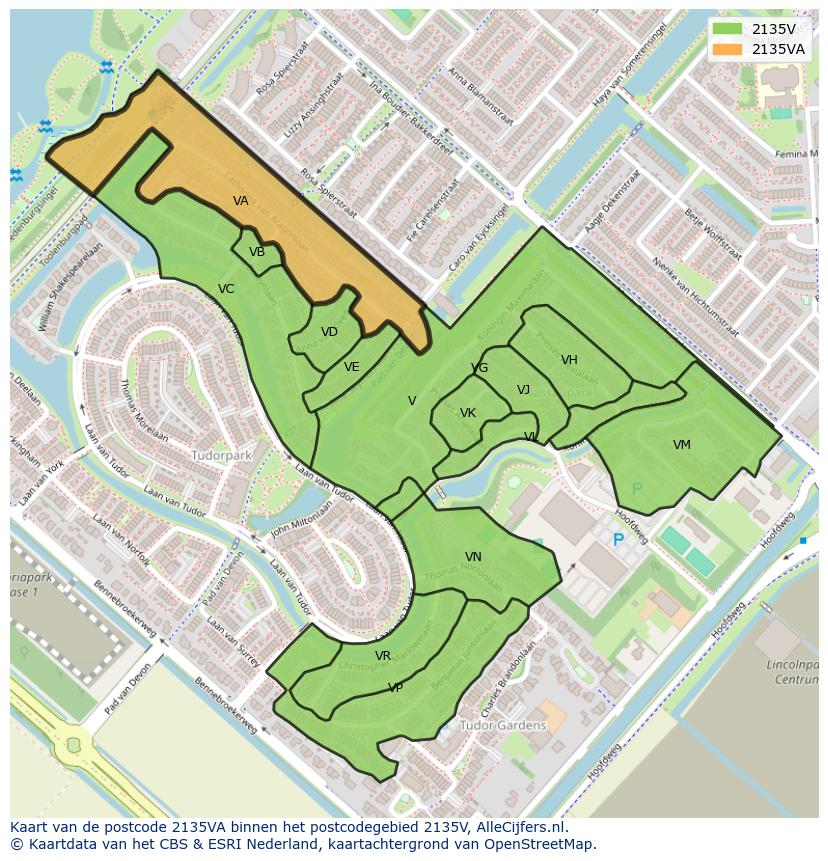 Afbeelding van het postcodegebied 2135 VA op de kaart.