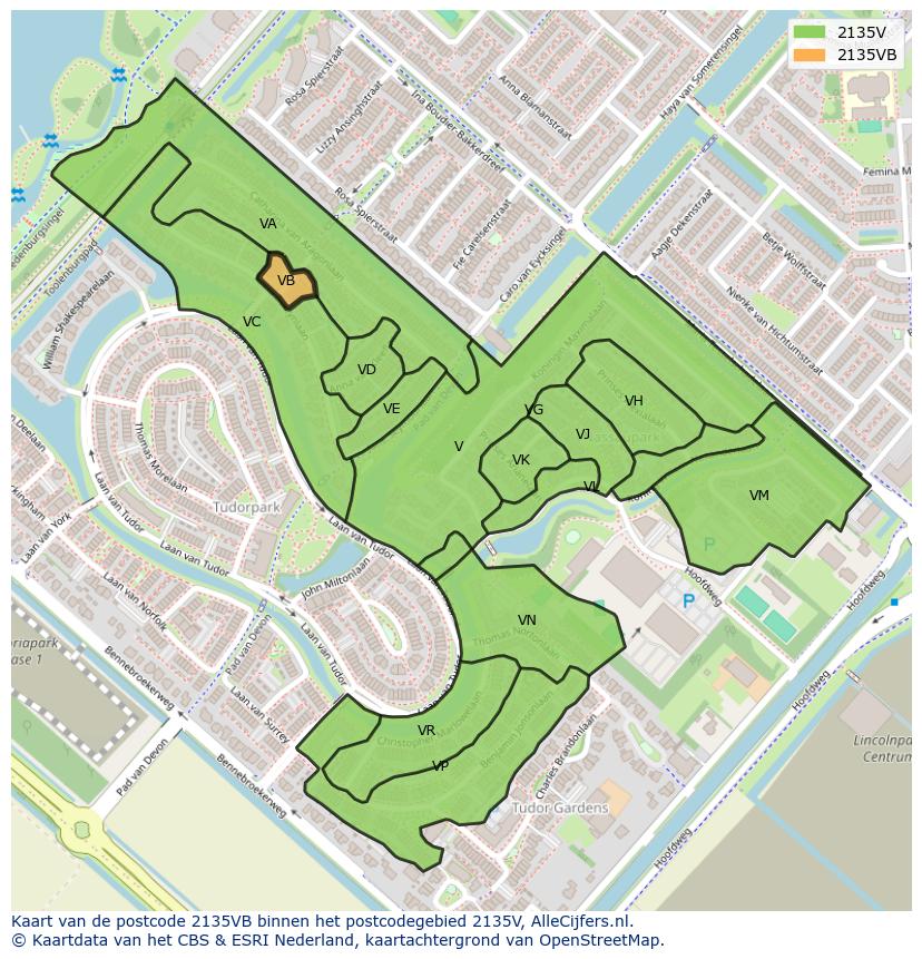 Afbeelding van het postcodegebied 2135 VB op de kaart.